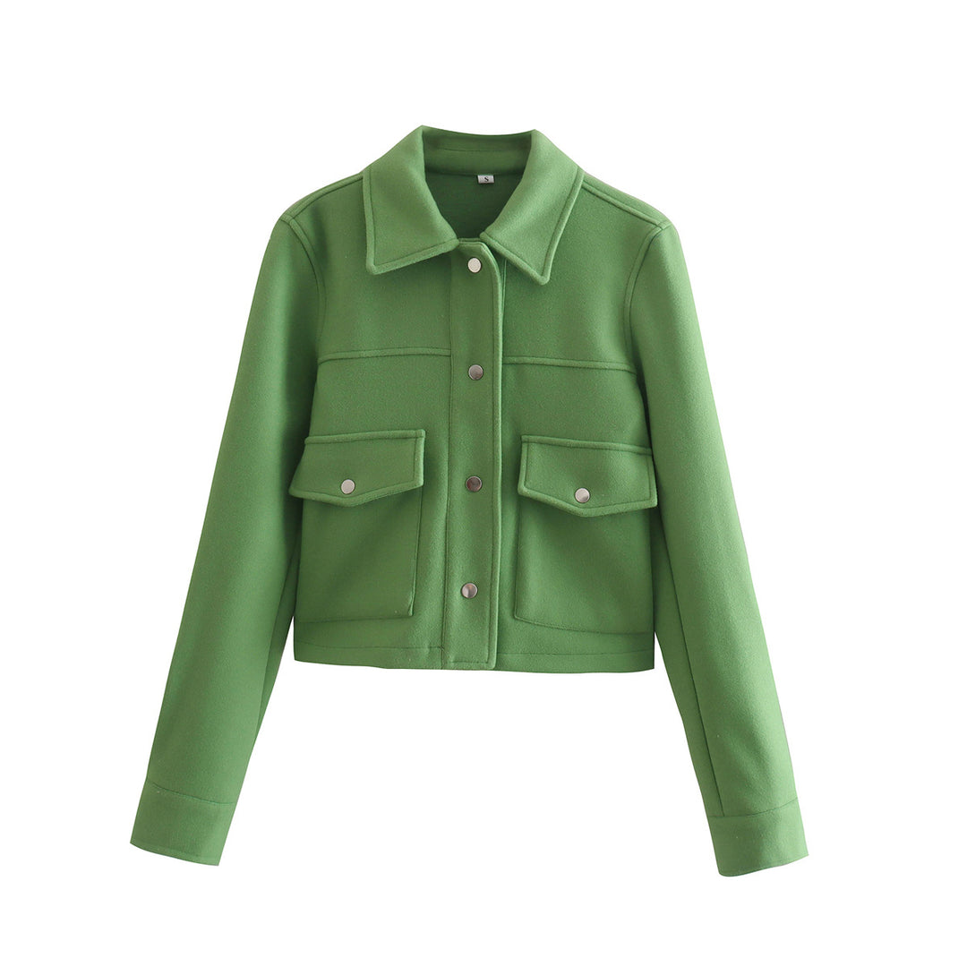 Damen Kurz geschnittene Wolloptik-Jacke mit Pattentaschen und Druckknöpfen Drune