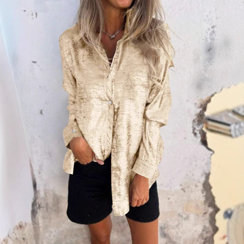 Damen Satinoptik-Hemdbluse mit Metallic-Glanz, legerer Passform und Manschetten Drune