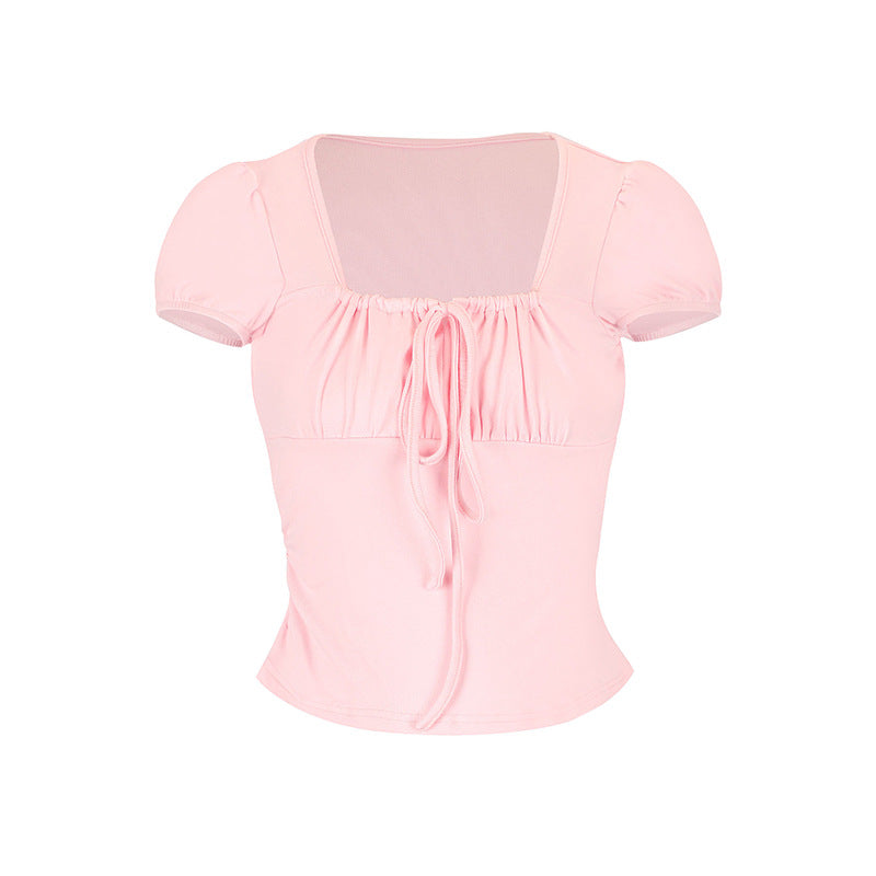 Damen Kurzarm Bluse mit Raffung und Kordelzug Drune