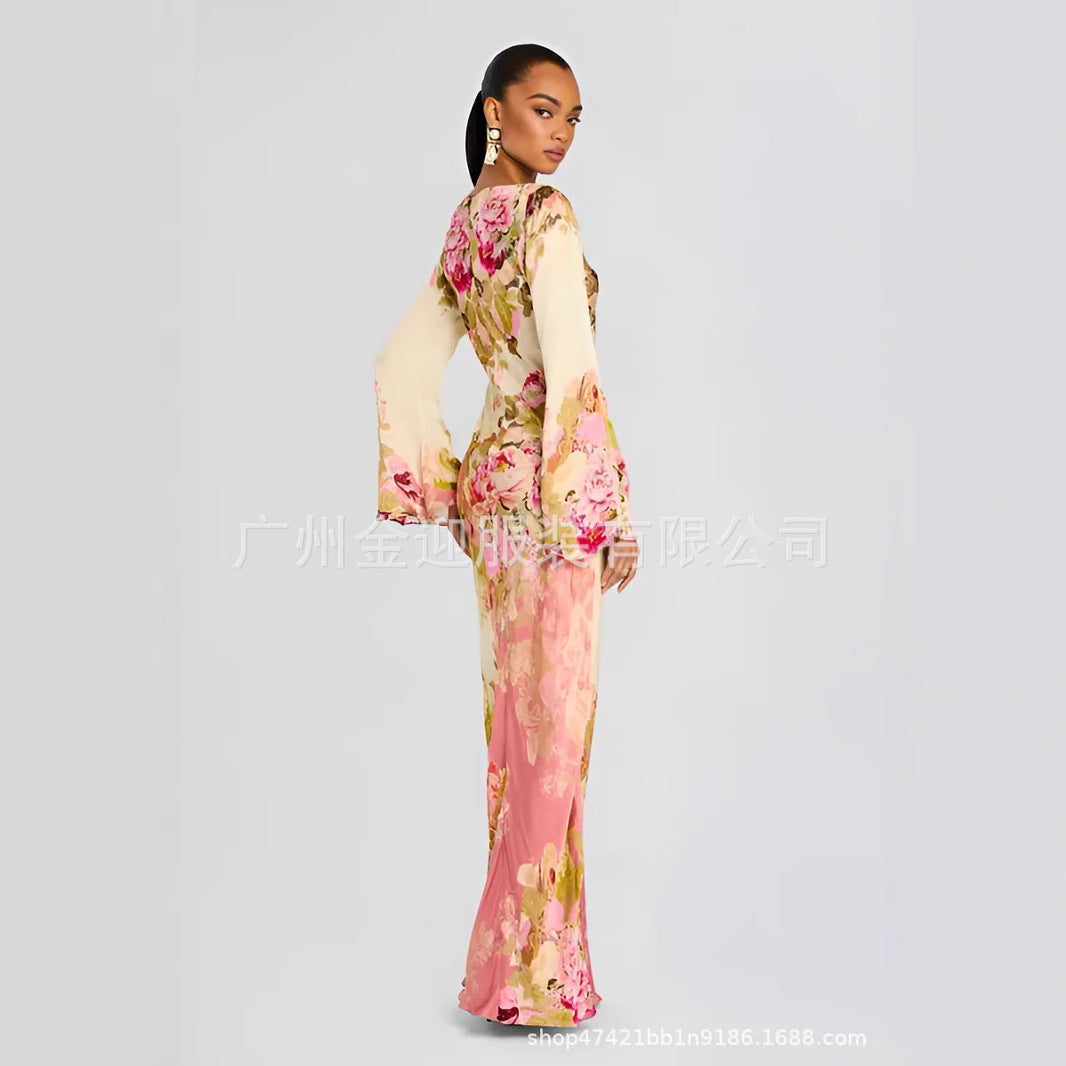 Frauen langen Abendkleid mit Trompetenärmeln und floralem Muster Drune