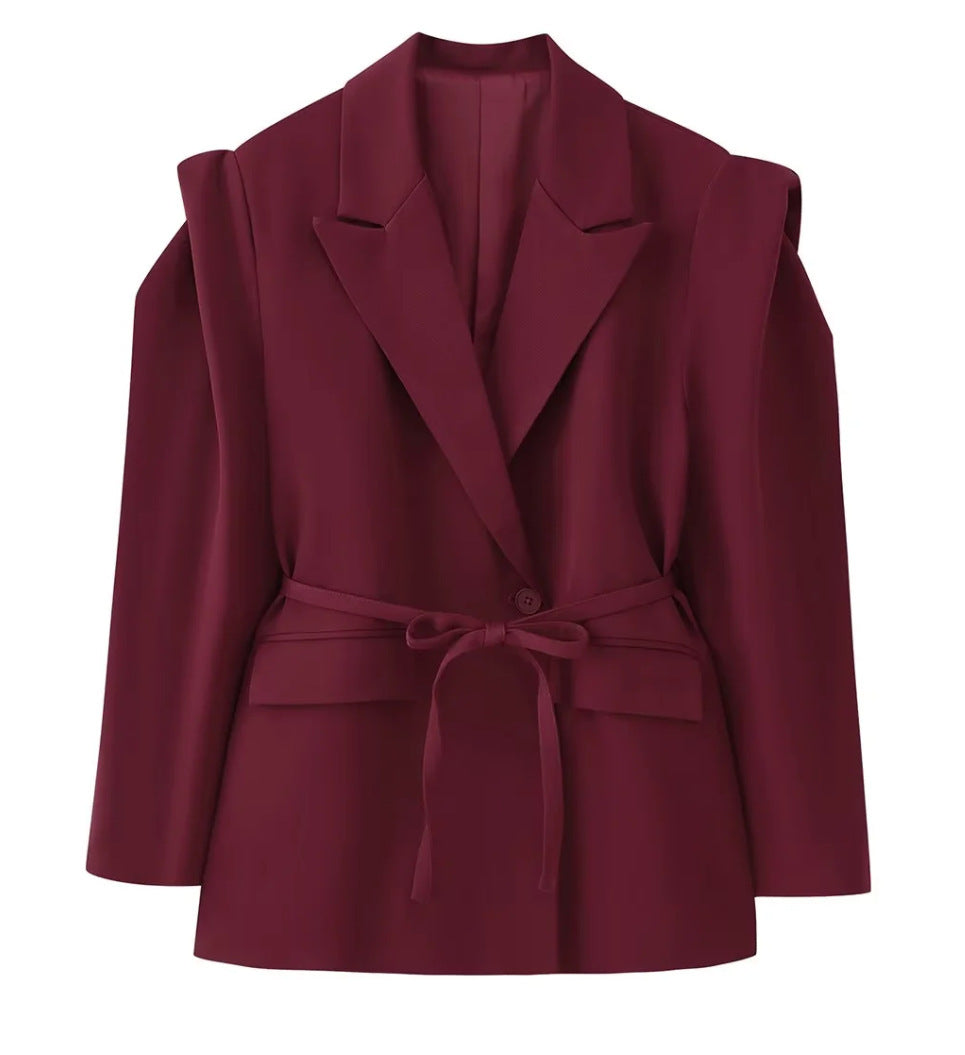 Damen elegante Blazerjacke mit tailliertem Schnitt und Bindegürtel Drune