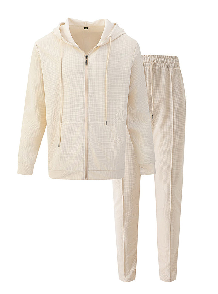 Herren nan Waffelstruktur-Jogginganzug mit Kapuzen-Zipjacke und konisch geschnittener Jogginghose Drune