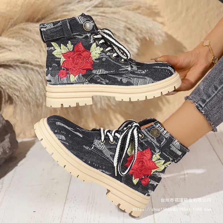 Damen Modische Schnürstiefeletten mit floralem Stickmuster und rutschfester Sohle Drune