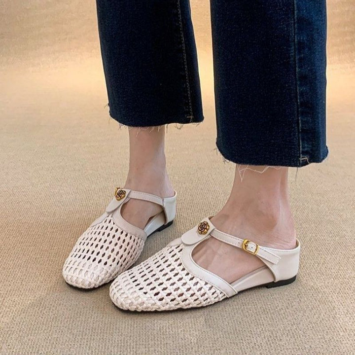 Damen Geflochtene Mule-Ballerinas mit T-Riemen und dekorativer Rosenapplikation Drune