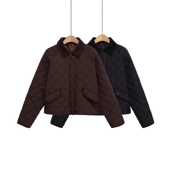 Damen Gesteppte Boxy‑Übergangsjacke mit Cordkragen und Pattentaschen Drune