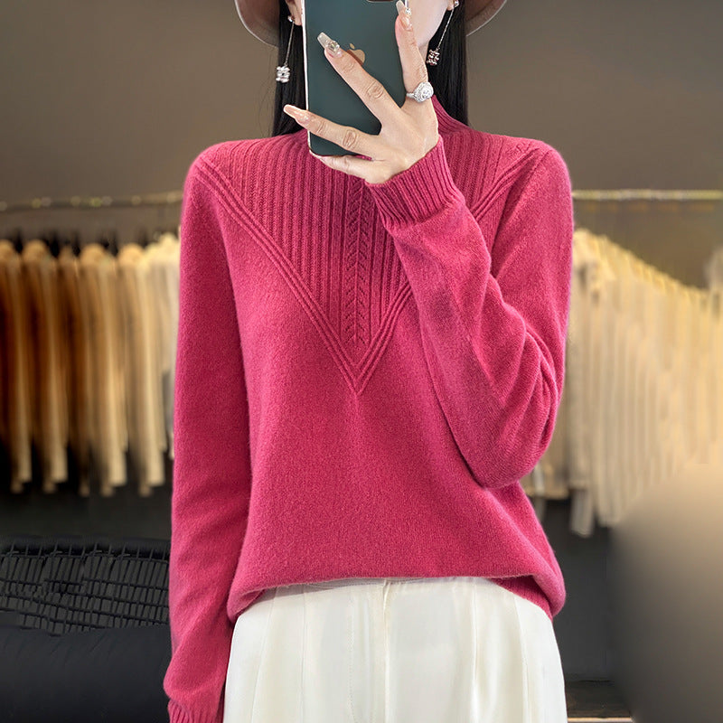 Damen Lockerer Mohair‑Blend Pullover mit strukturierter V‑Paneel und Stehkragen Drune
