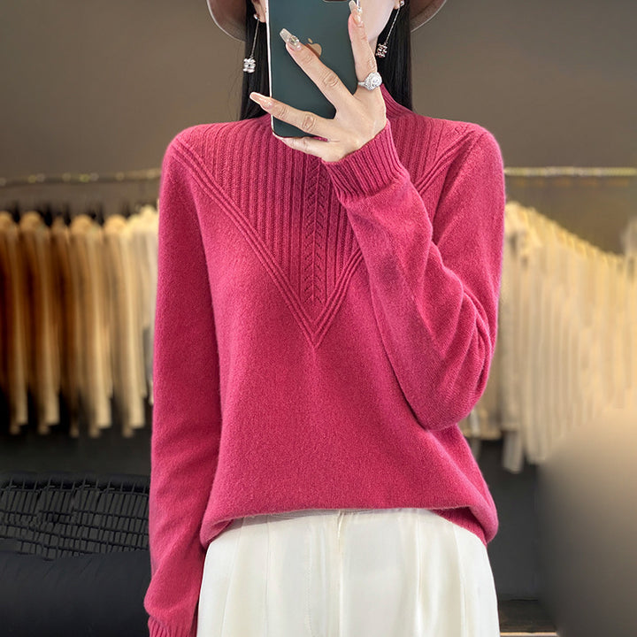 Damen Lockerer Mohair‑Blend Pullover mit strukturierter V‑Paneel und Stehkragen Drune
