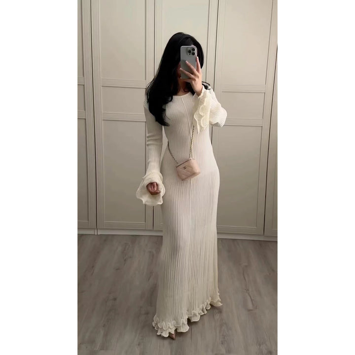 Damen Elegantes Strickkleid mit Rüschendetails und langen Ärmeln Drune