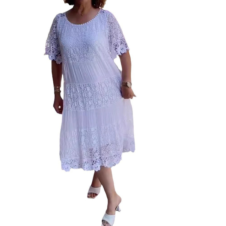 Damen nan Midikleid mit Spitzenstufen, Plissee‑Einsätzen und kurzen Trompetenärmeln Drune