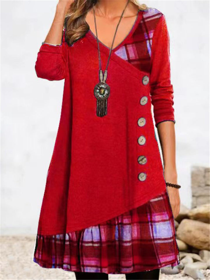 Damen asymmetrisches Freizeitkleid mit kariertem Saum und Knopfdetail Drune