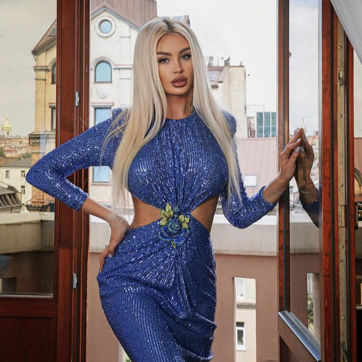 Damen Glamouröses Abendkleid mit schimmernden Pailletten und innovativen Drapierungsdetails Drune