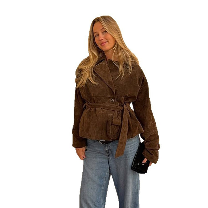 Damen modische Wildlederjacke mit Taillengürtel und voluminösen Ärmeln Drune