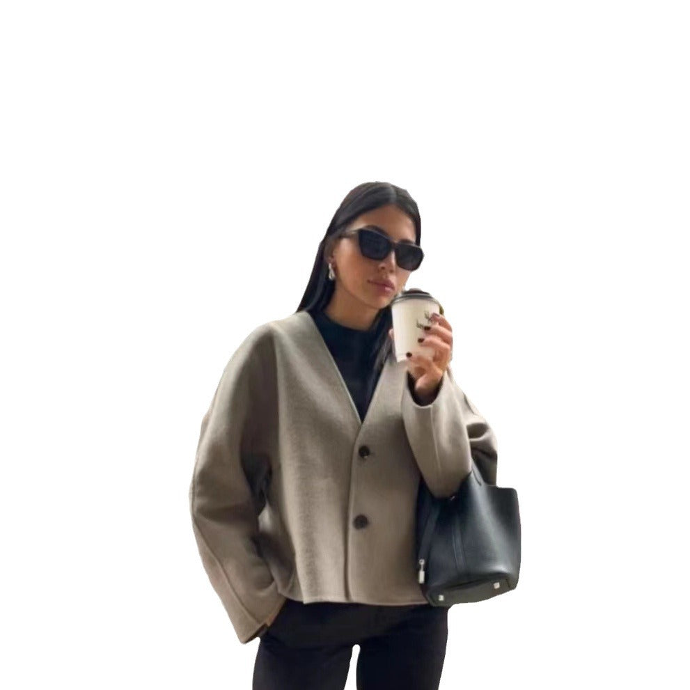 Damen Elegante Oversized-Wolljacke mit Knopfdetails Drune