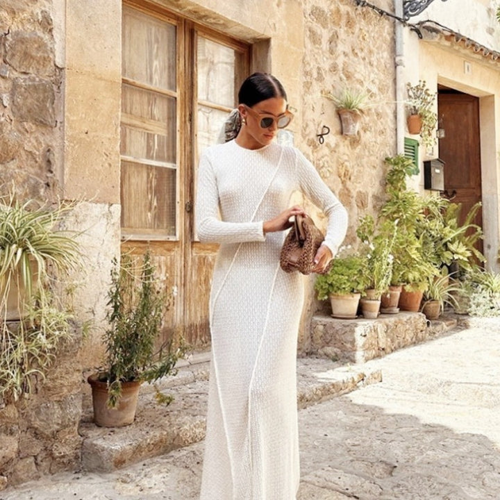 Damen Strickmaxikleid mit strukturiertem Design und langem Ärmel Drune