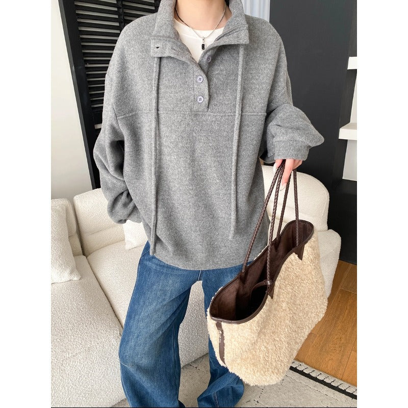 Damen lässiger Fleece-Pullover mit praktischen Knopfdetails und hohem Kragen Drune