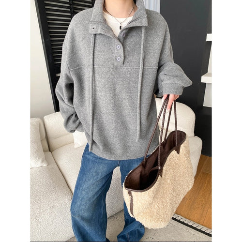 Damen lässiger Fleece-Pullover mit praktischen Knopfdetails und hohem Kragen Drune