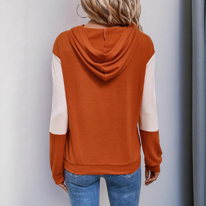 Damen Lässiger Kapuzenpullover mit V‑Kragen, Kontrastärmeln und Rippbündchen Drune
