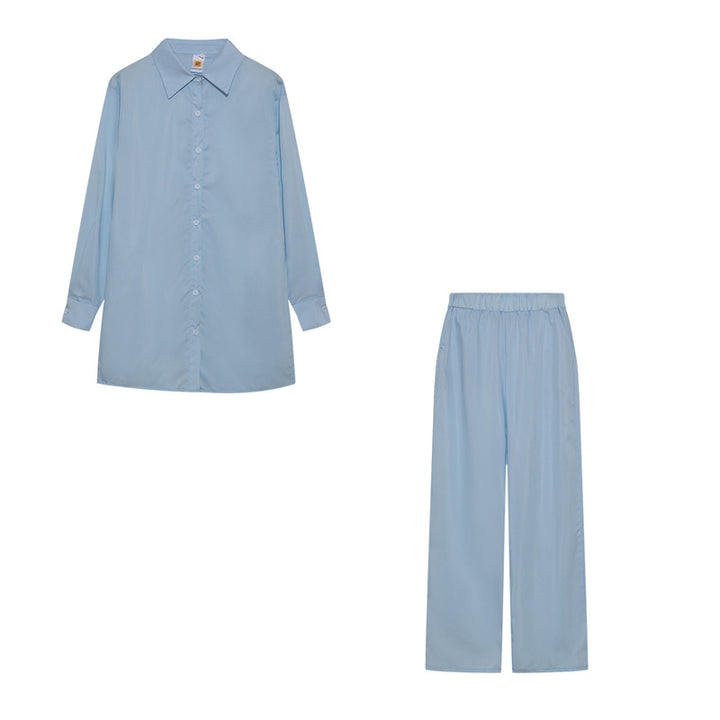 Damen Satin Pyjama Set mit langärmliger Bluse und weiten Hosen Drune