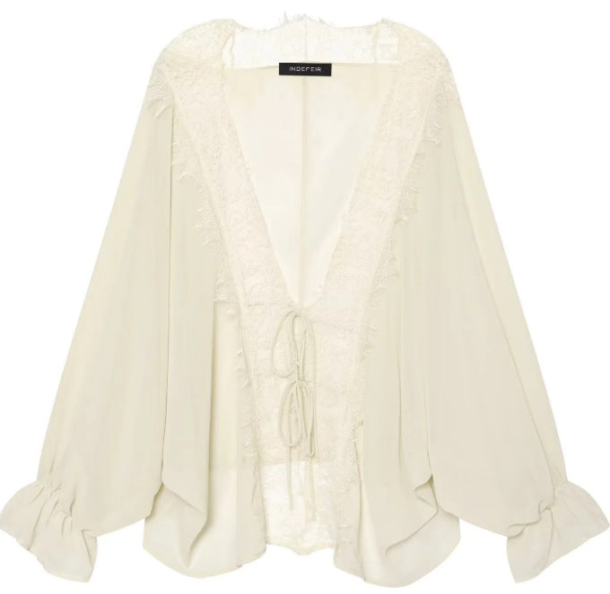 Damen Transparenter Chiffonkimono mit Spitzenbesatz und Volumenärmeln Drune