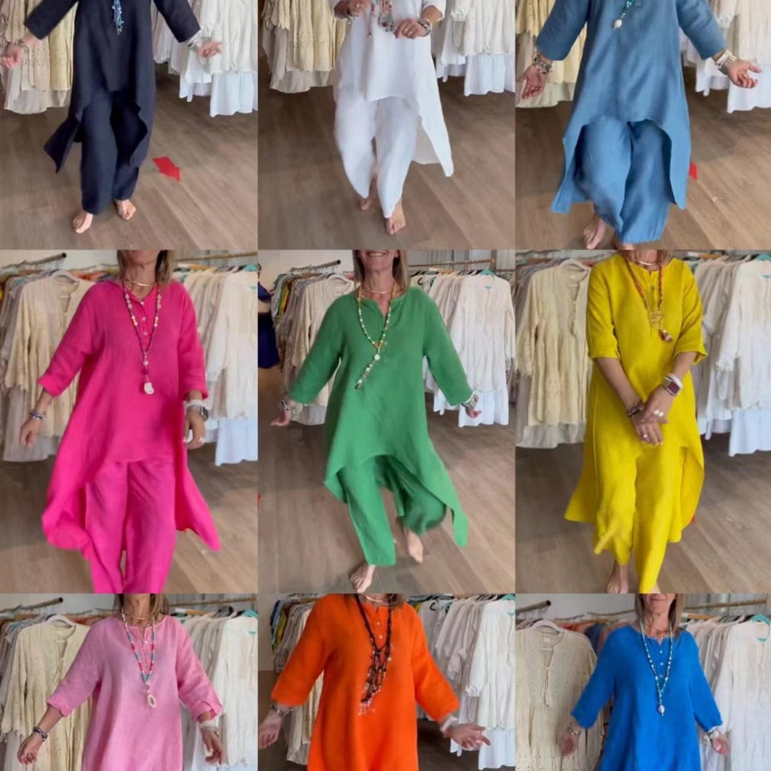 Damen Midilanges Leinen-Tunika-Set mit asymmetrischem Saum und weiter Palazzo-Hose Drune