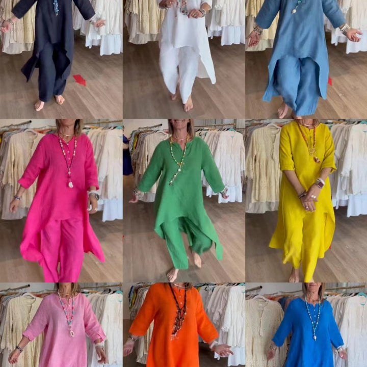 Damen Midilanges Leinen-Tunika-Set mit asymmetrischem Saum und weiter Palazzo-Hose Drune