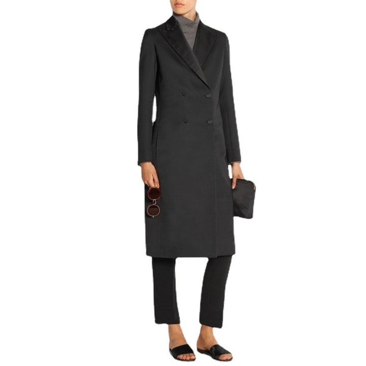 Damen taillierter Longcoat im Smoking‑Look mit Schalkragen Drune
