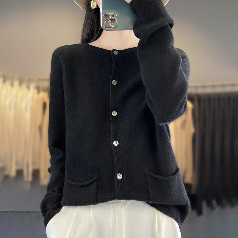 Damen Langer Feinstrick-Cardigan mit Rundhalsausschnitt, Eingrifftaschen und Alpaka-Mix Drune