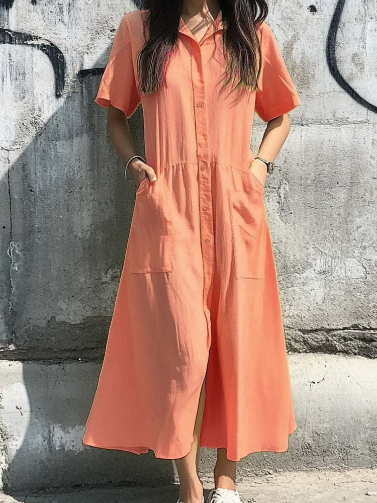 Damen Midi-Kleid mit Knopfleiste und praktischen Taschen Drune