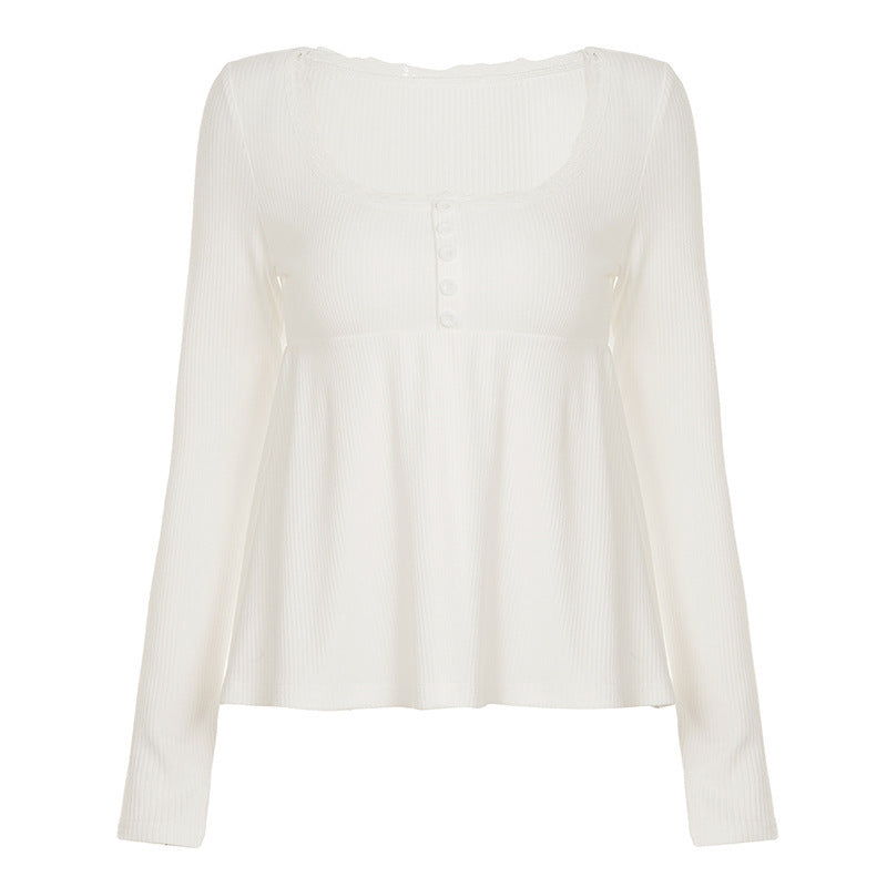 Damen Langärmeliges Babydoll-Top aus Rippjersey mit U-Boot-Ausschnitt und Knopfleiste Drune