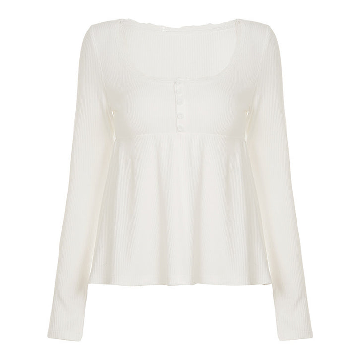 Damen Langärmeliges Babydoll-Top aus Rippjersey mit U-Boot-Ausschnitt und Knopfleiste Drune