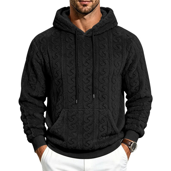 Herren kuscheliger Teddy-Fleece Kapuzenpullover mit Zopfmuster und Kängurutasche Drune