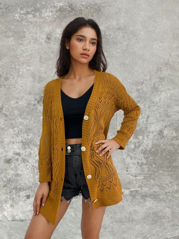 Damen Strickcardigan mit luftigen Mustern und Knopfdetails Drune