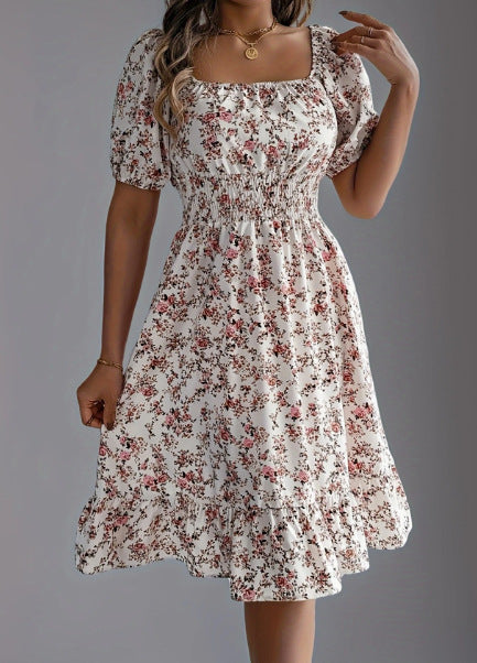 Damen sommerliches Blumenkleid mit Puffärmeln und Rüschensaum Drune