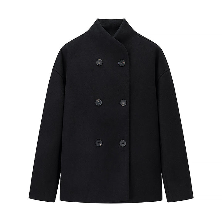 Damen Oversized Doppelreihiger Wollmantel mit Stehkragen Drune