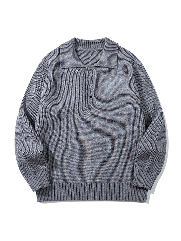 Herren Gerippter Polokragenpullover mit dreifacher Knopfleiste und Relaxed-Fit Drune