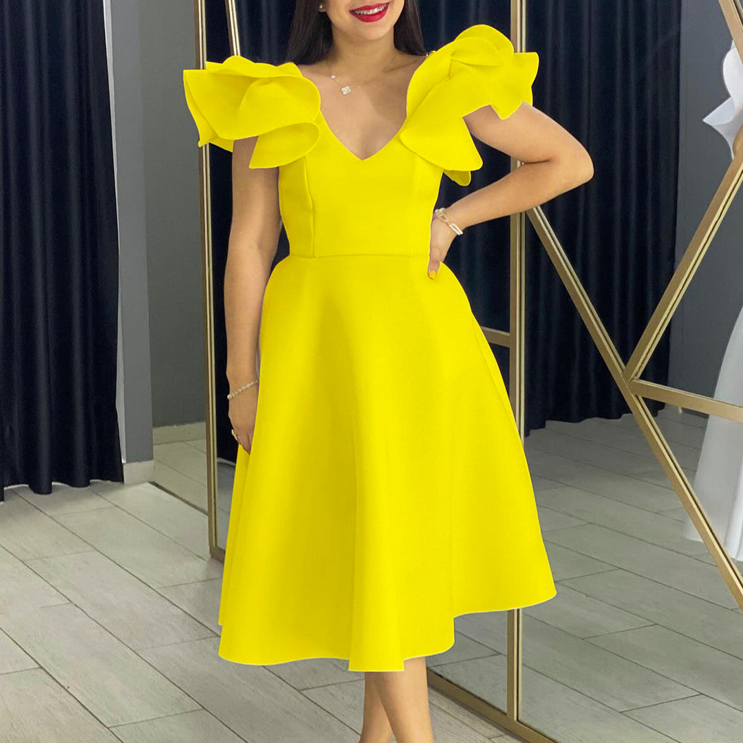 Damen Midi-Kleid mit voluminösen Rüschenärmeln und weit schwingendem Rock Drune