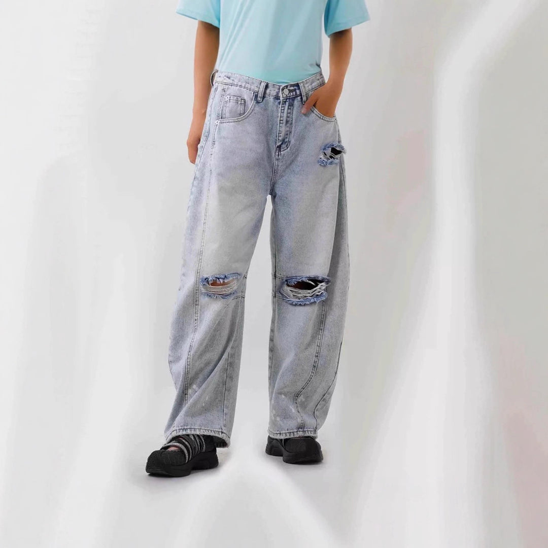 Damen nan Baggy-Jeans mit hohem Bund, sichtbaren Nahtpaneelen und distressed Kniepartien Drune