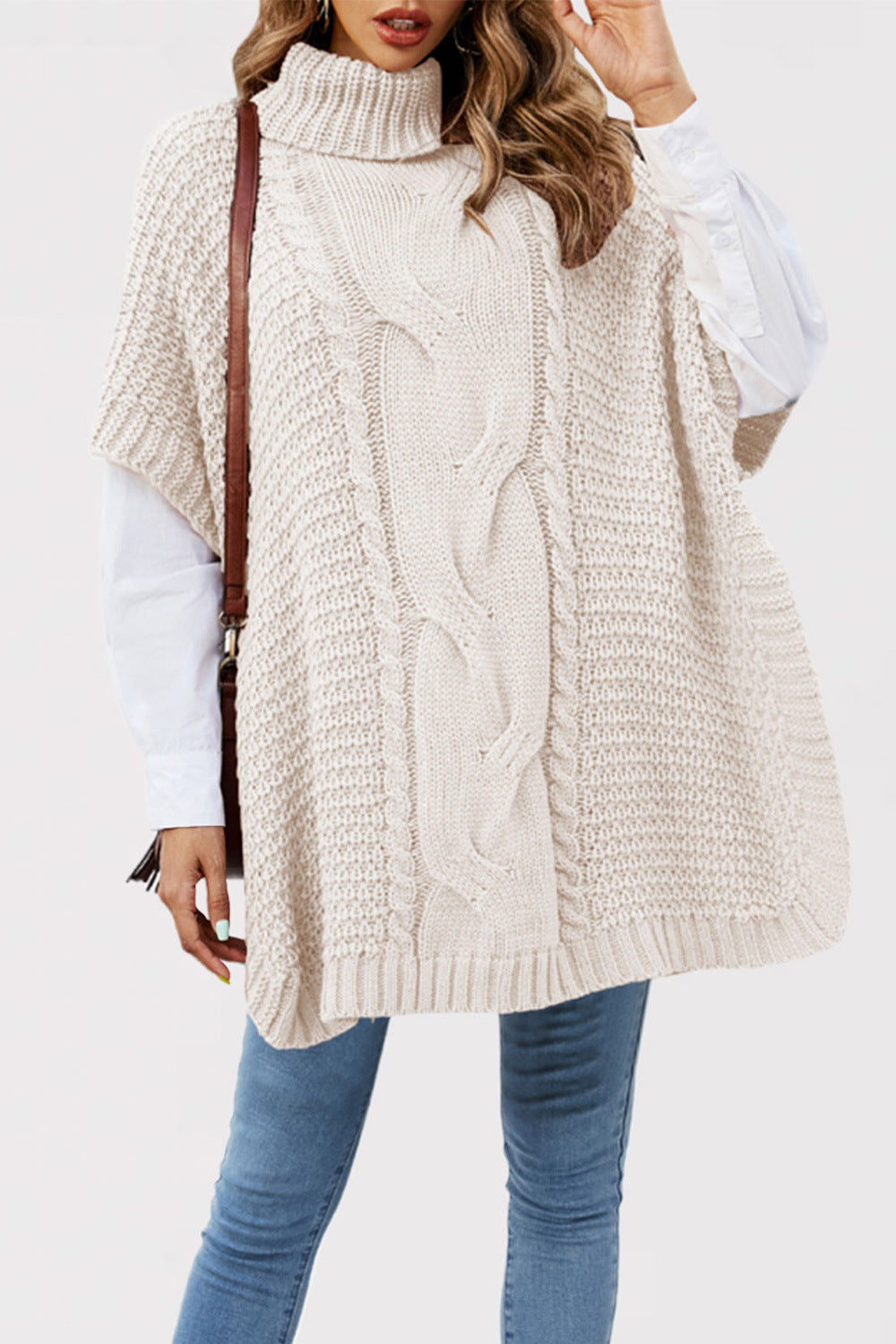 Damen Strickponcho mit hohen Kragen und Kabelmuster Drune