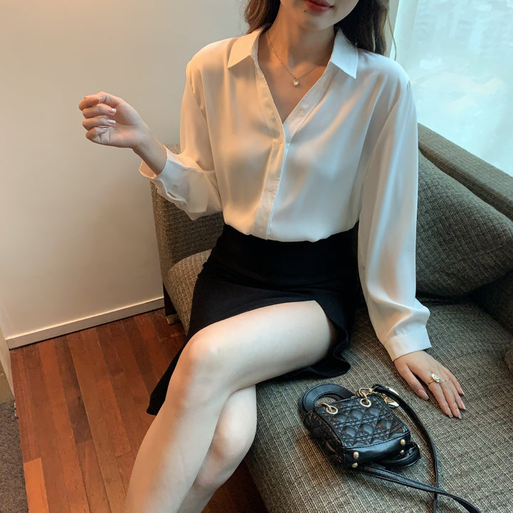 Damen elegante Bluse mit feinem Kragen und seitlichem Knopfverschluss Drune