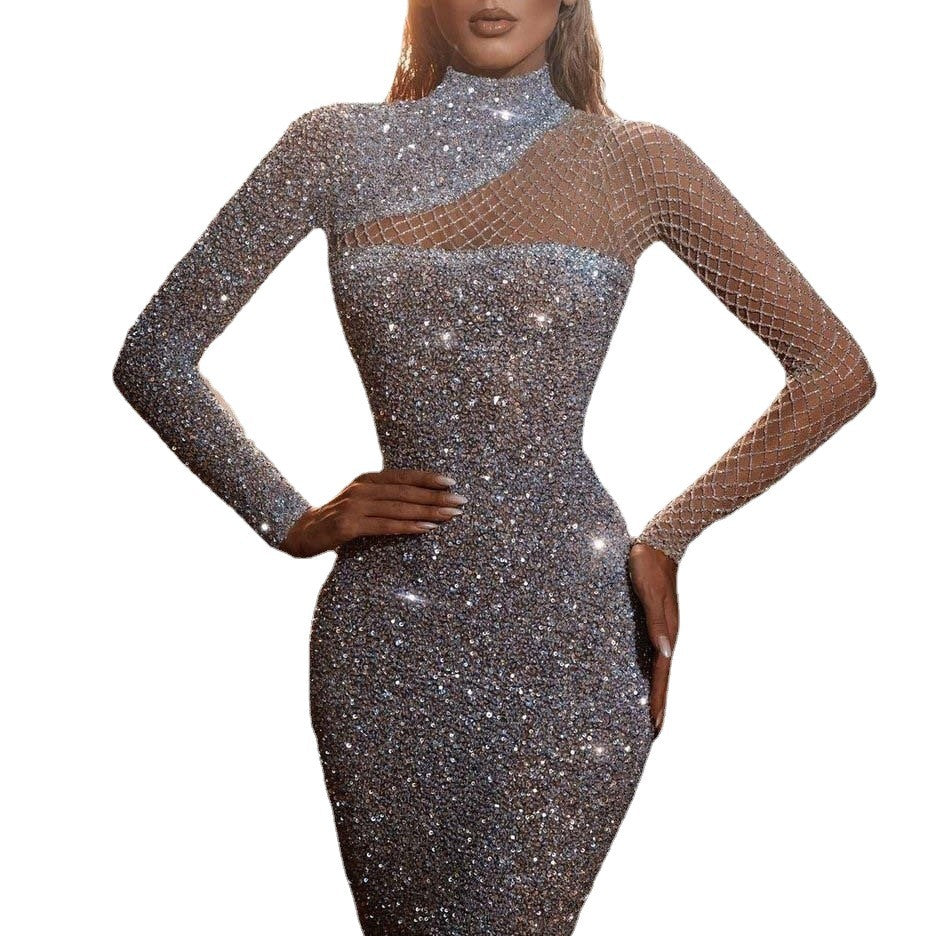 Damen Elegantes Pailletten-Kleid mit transparentem Oberteil und langem Arm Drune