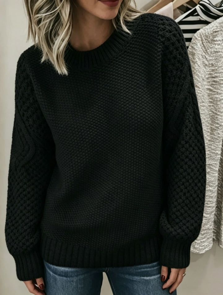 Damen Grobgestrickter Rundhals-Pullover mit Ajour- und Zopfmusterärmeln Drune