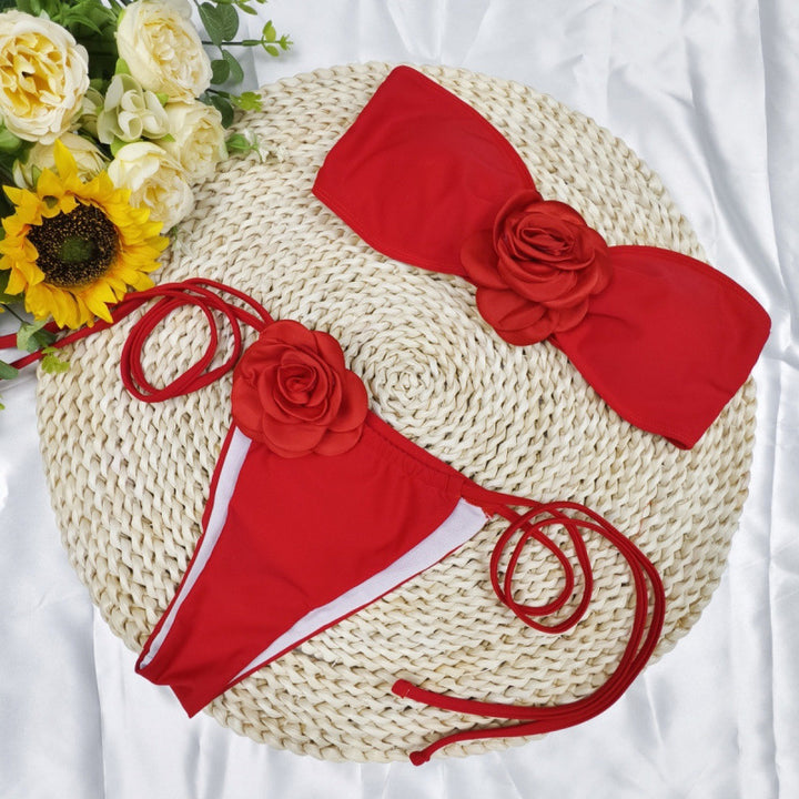 Damen Bandeau-Bikini mit floralem Akzent und verstellbaren Trägern Drune