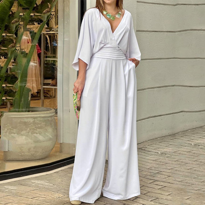 Damen Eleganter High-Waist Jumpsuit mit weitem Bein und Kimonoärmeln Drune