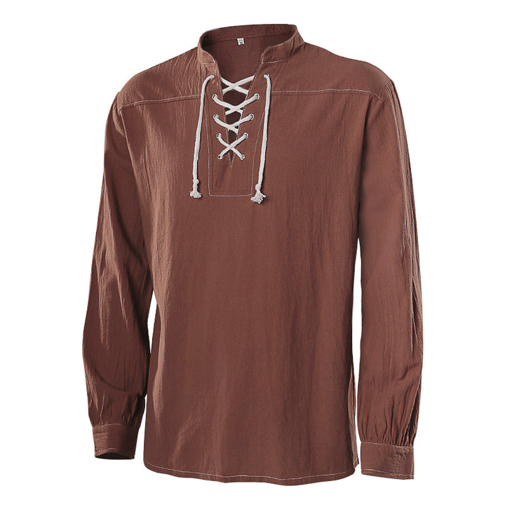 Herren nan lässiges Kurzarmshirt mit geschnürter V-Kehle, kurzem Stehkragen und weichem Baumwollmix Drune