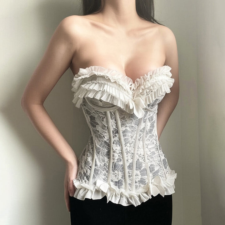 Damen Spitzen-Bustier mit Rüschendetails und Schleifen Drune
