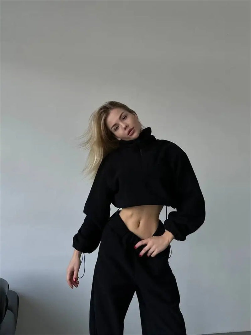 Damen Fleece-Cropped-Sweatshirt mit halbem Reißverschluss und Tunnelzug Drune