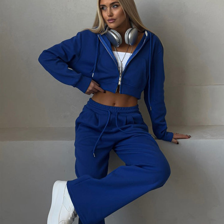 Damen cropped Reißverschluss-Kapuzenpullover mit hohem Bund Palazzo-Jogger Set Drune