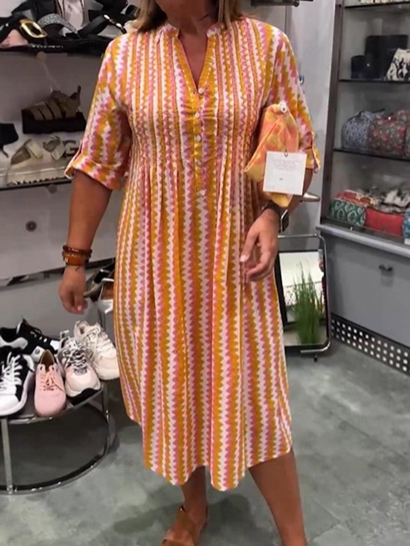 Damen nan Midikleid mit Unterbrustnaht, V-Ausschnitt, Knopfleiste und krempelbaren dreiviertelärmeln Drune