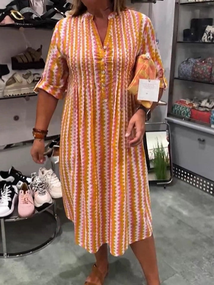 Damen nan Midikleid mit Unterbrustnaht, V-Ausschnitt, Knopfleiste und krempelbaren dreiviertelärmeln Drune