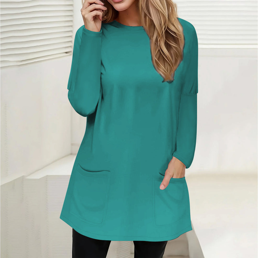 Damen Freizeit Longline Tunika mit Rundhalsausschnitt und aufgesetzten Taschen Drune